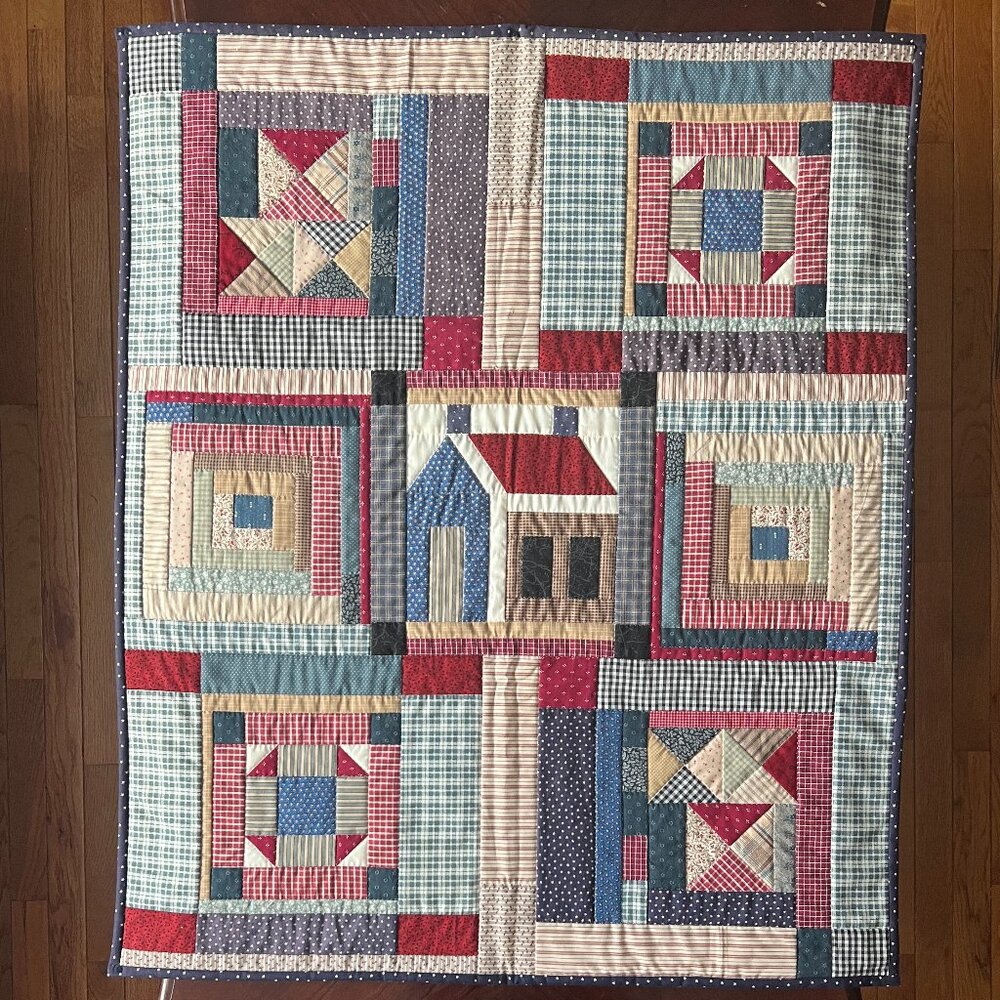 Handstitched Hand-Quilted Log Cabin Patchwork Baby Quilt Wall Hanging Topper